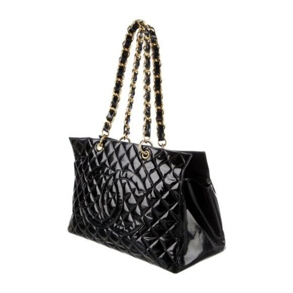 Authentic CHANEL XL Patent Shopping Tote Quilted Chain Shoulder Bag Gold Purse - Picture 7 of 11
